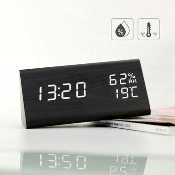 Budzik zegar cyfrowy elektroniczny z termometrem czujnikiem dźwięku, Czarny