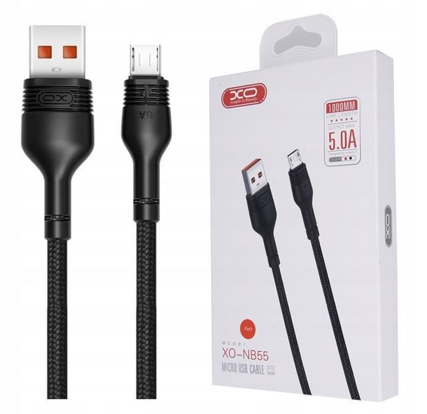 Kabel USB-Micro USB 1m 5A Quick Charge XO Nylonowy Oplot Czarny, Czarny
