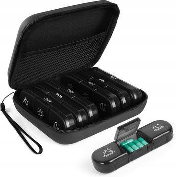 PUDEŁKO NA TABLETKI 7 DNI 3 PRZEGR&Oacute;DKI + ETUI PODR&Oacute;ŻNE CZARNE, Czarny