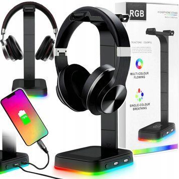 STOJAK WIESZAK NA SŁUCHAWKI 2xUSB GAMINGOWY WYTRZYMAŁA PODSTAWA JAKOŚĆ RGB