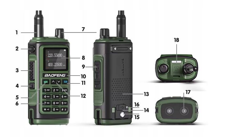 Radio VHF/UHF z Pasmem Lotniczym, Kolorowy LCD, Ładowanie USB-C
