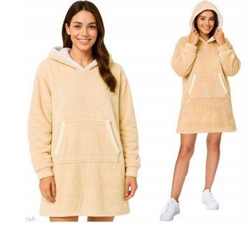 Beżowa Bluza Oversize XXL z Kapturem Miękka Futrzana Ciepła Długa Kocobluza, Beżowy