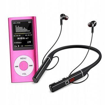 Zestaw MP3 HiFi 1.8" Dyktafon E-book AVI R&oacute;żowy + Słuchawki BT 5.0 100h, R&oacute;żowy