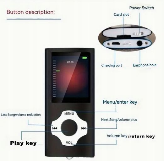Multimedialny odtwarzacz MP3/MP4 1.8 muzyka filmy radio FM dyktafon e-booki, Czarny