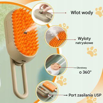 Szczotka parowa dla psa/kota z dozownikiem wody 3w1 USB-C usuwanie sierści, Brązowy