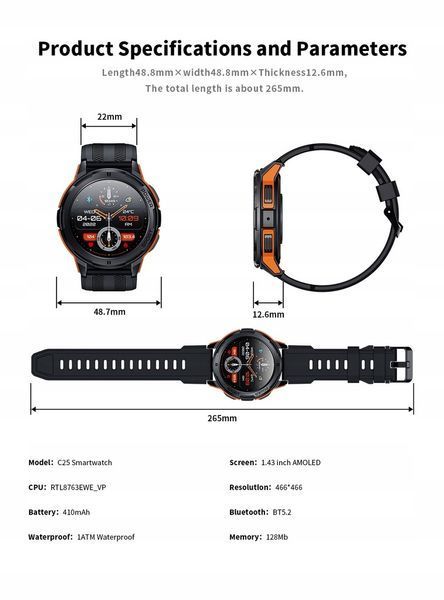 Smartwatch C25 1.43" Ekran AMOLED Monitor Tętna 1ATM Wodoodporny, Czarny