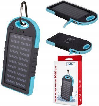 Setty Solarny Powerbank 5000mAh Turystyczny Odporny Latarka USB, Niebieski