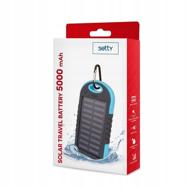 Setty Solarny Powerbank 5000mAh Turystyczny Odporny Latarka USB, Niebieski