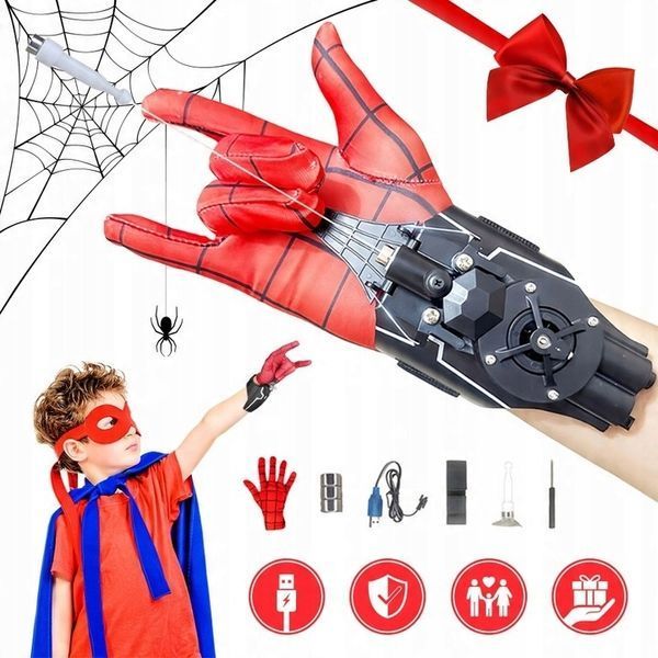 Rękawica Spider-Man strzelająca pajęczyną z latarką i akumulatorem, Czarny
